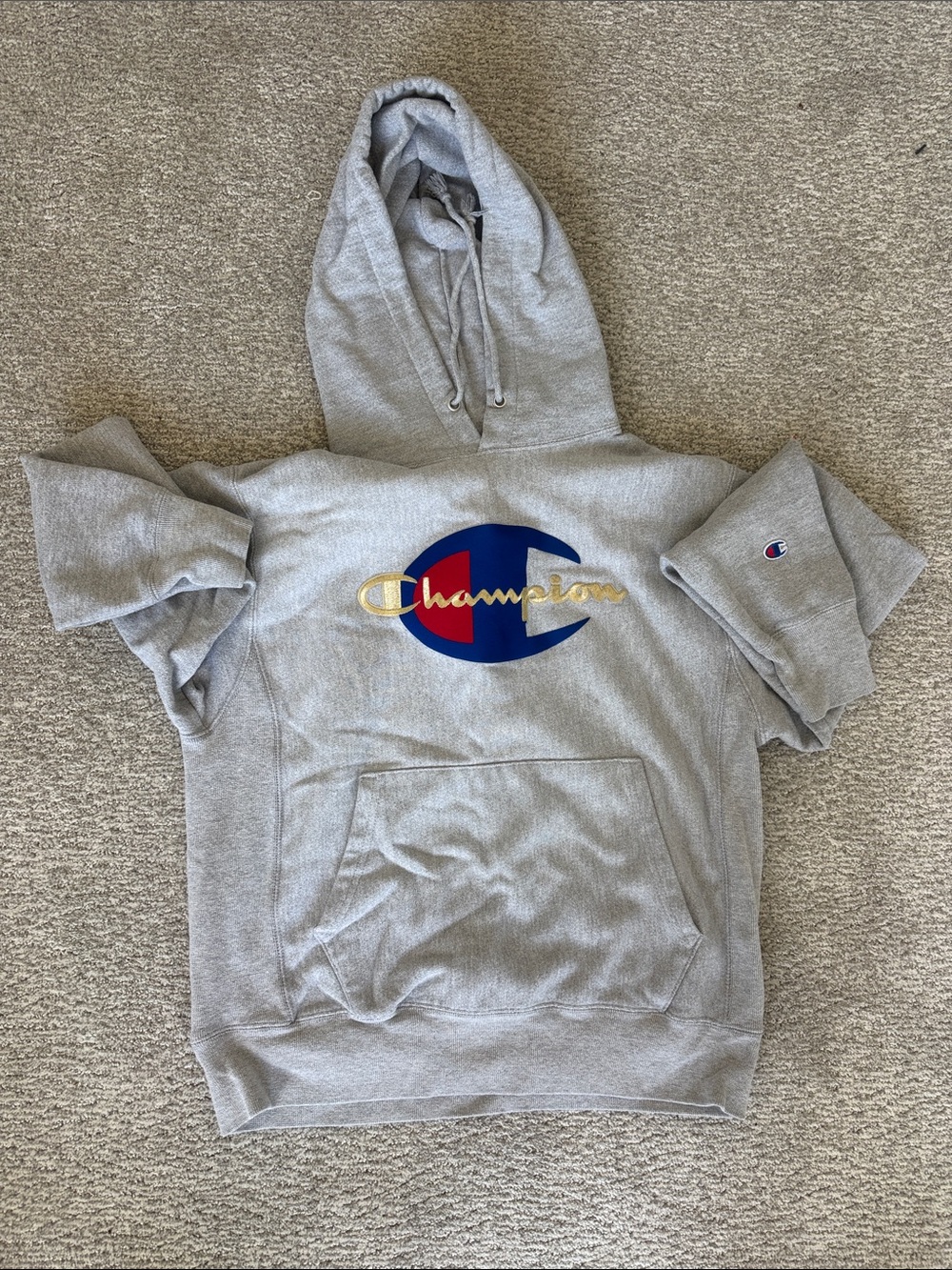 Champion Reverse Weave Big C Spell out Logo Hoodie Gray Size M